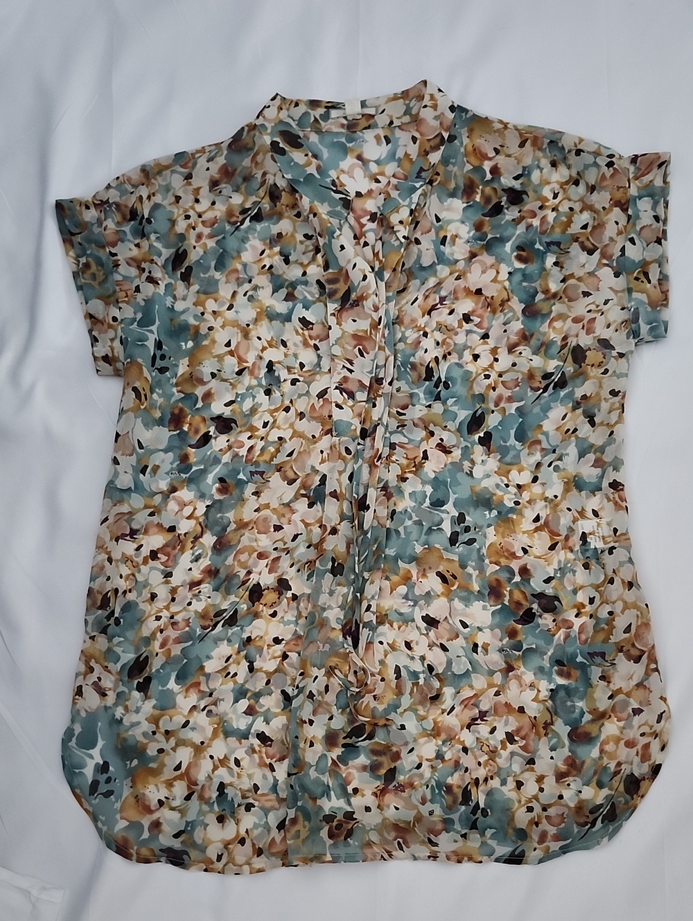 Pleione Sheer Floral V-Neck Blouse in Teal, Beige and Brown